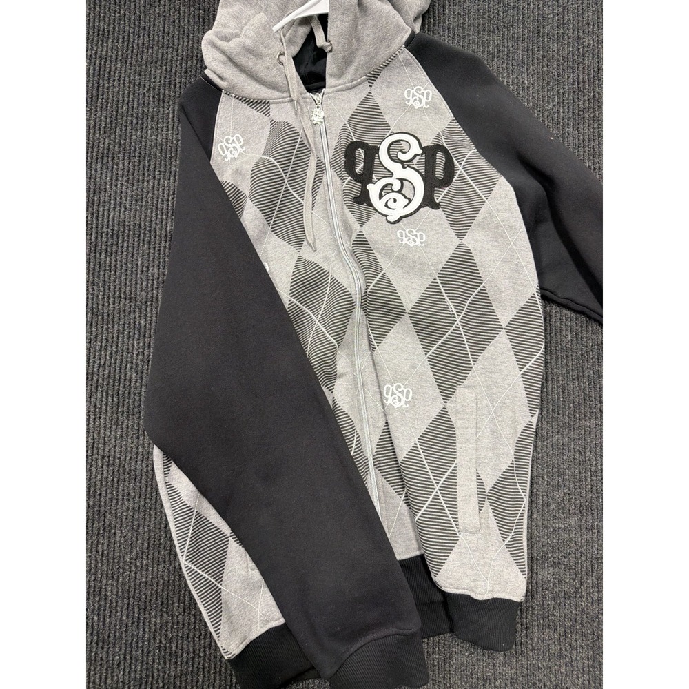 Southpole Men's XL Y2K Argyle Full Zip Hoodie Gray Black SP Logo Streetwear